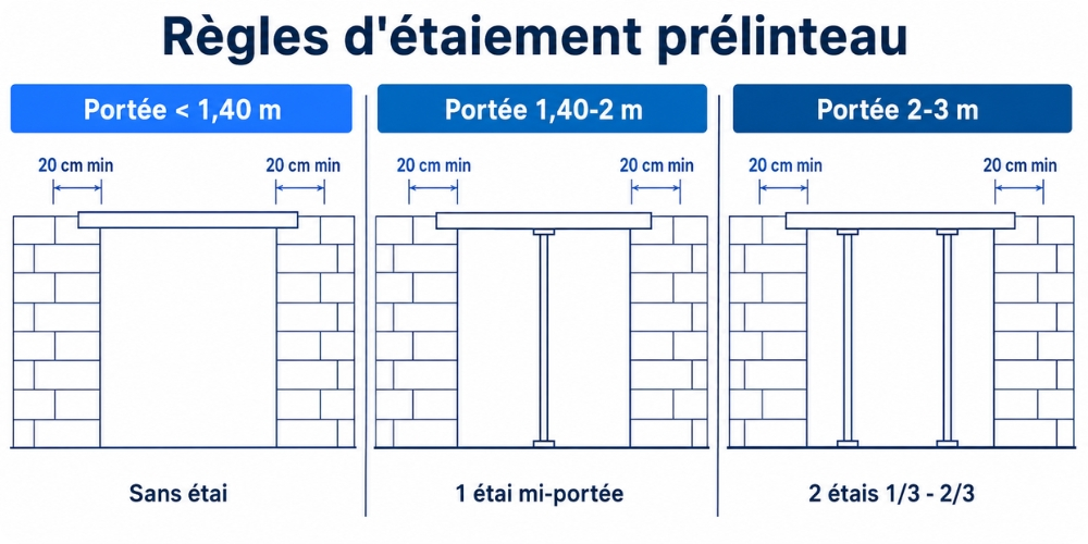 Règles d'étaiement prélinteau 1 étai à mi-portée à partir de 1,40 m