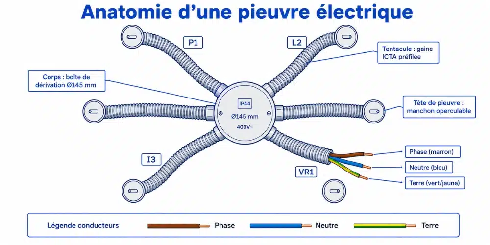 Schéma annoté de l'anatomie d'une pieuvre électrique avec corps central et tentacules