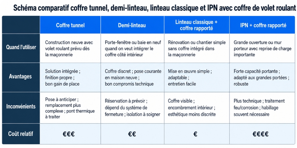 Schéma comparatif coffre tunnel, demi-linteau, linteau classique et IPN avec coffre de volet roulant