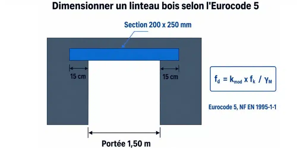 Schéma de dimensionnement d'un linteau bois selon l'Eurocode 5 avec portée de 1,50 m
