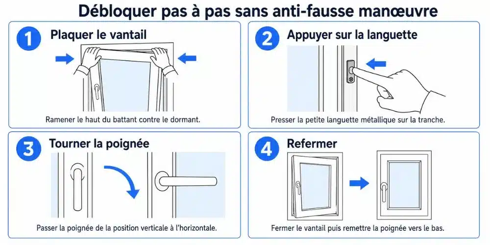 Schéma des 4 étapes de déblocage fenêtre oscillo-battante sans anti-fausse manœuvre