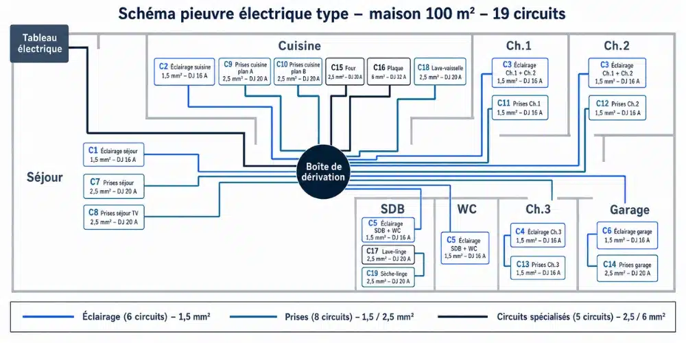 Schéma pieuvre électrique type pour maison 100 m² avec 19 circuits