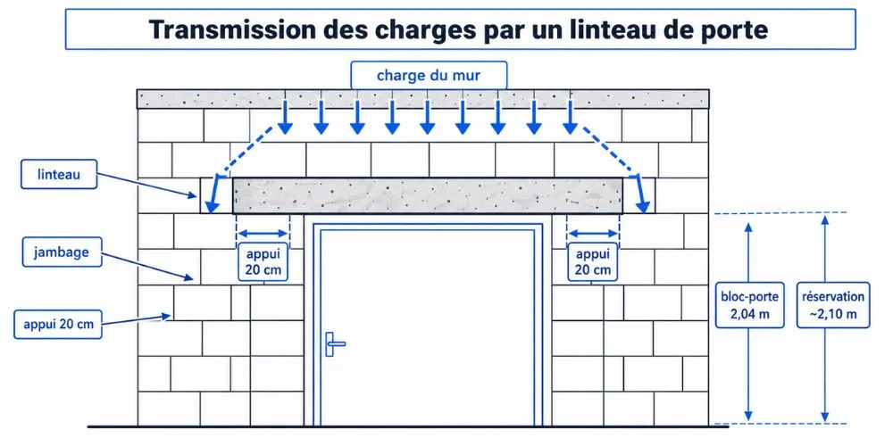 Schéma technique du linteau de porte transmettant la charge aux jambages latéraux
