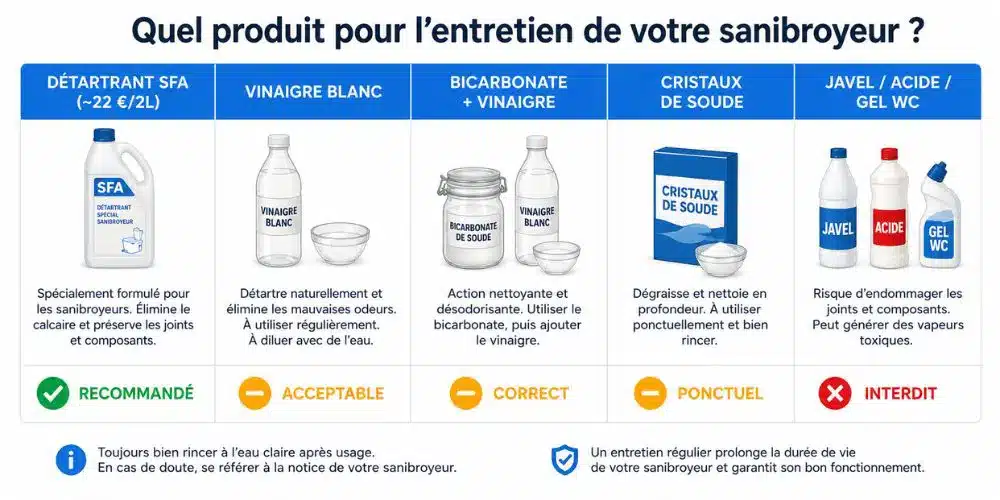 Tableau comparatif des produits d'entretien sanibroyeur : détartrant spécifique recommandé, vinaigre blanc acceptable, eau de Javel interdite