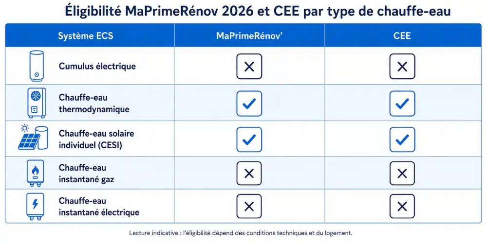 Tableau éligibilité MaPrimeRénov 2026 par type de chauffe-eau