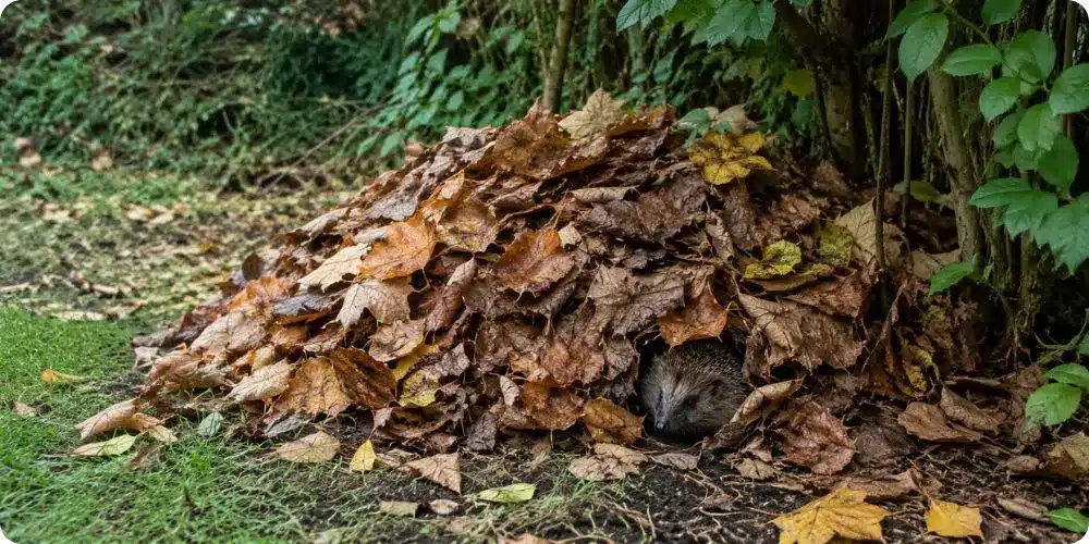 Tas de feuilles mortes refuge hérisson biodiversité coin de jardin