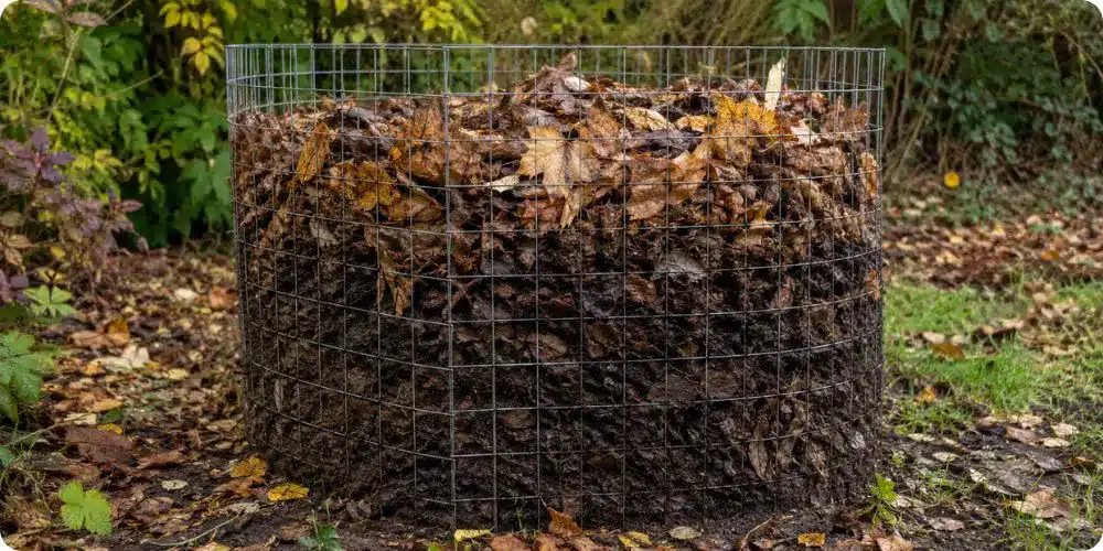 Terreau de feuilles mortes dans enclos grillagé en cours de décomposition
