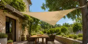 Voile d'ombrage tendue sur terrasse ensoleillée sans mât