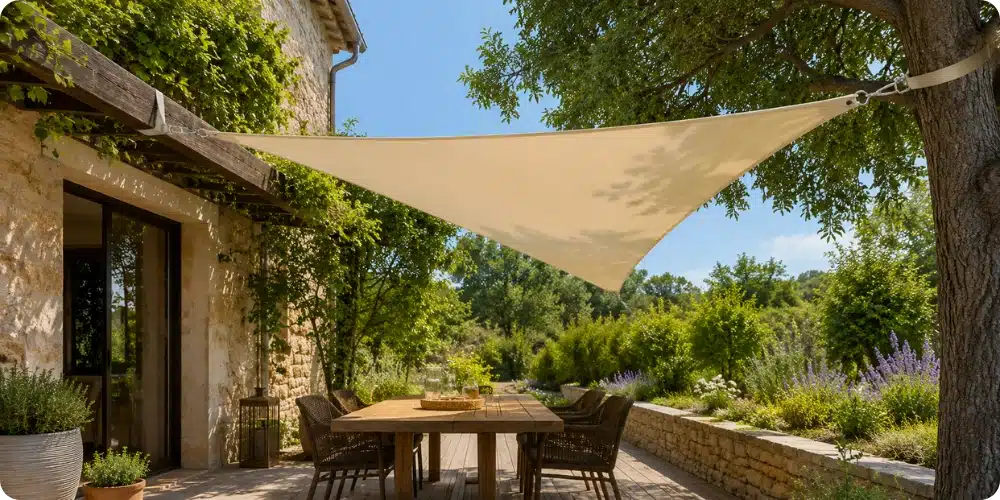 Voile d'ombrage tendue sur terrasse ensoleillée sans mât