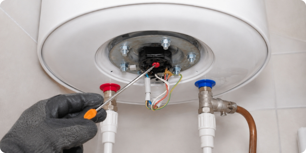 Capot thermostat chauffe-eau ouvert avec bouton reset rouge