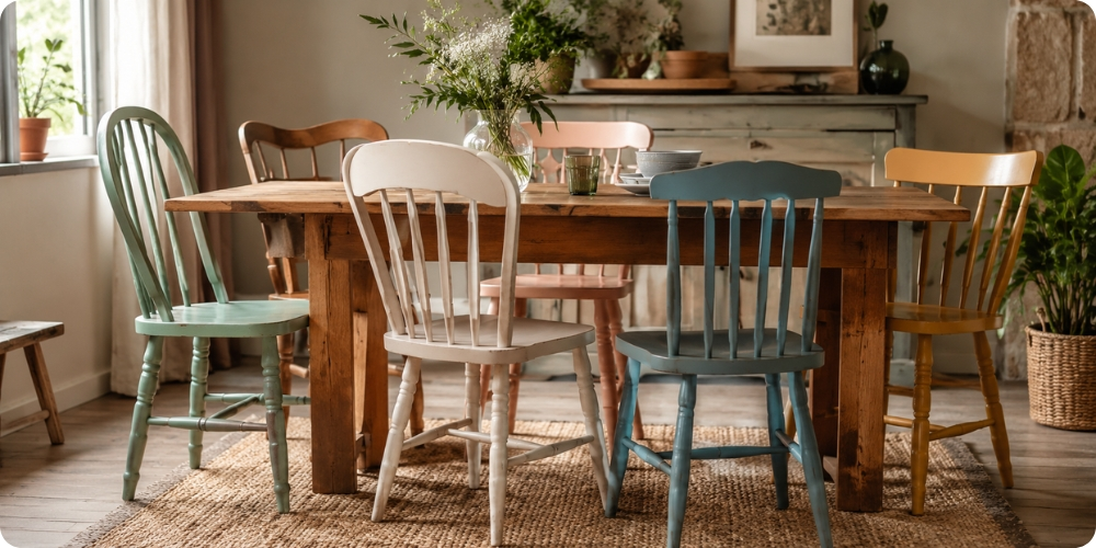 Chaises en bois relookées de couleurs différentes autour d'une table