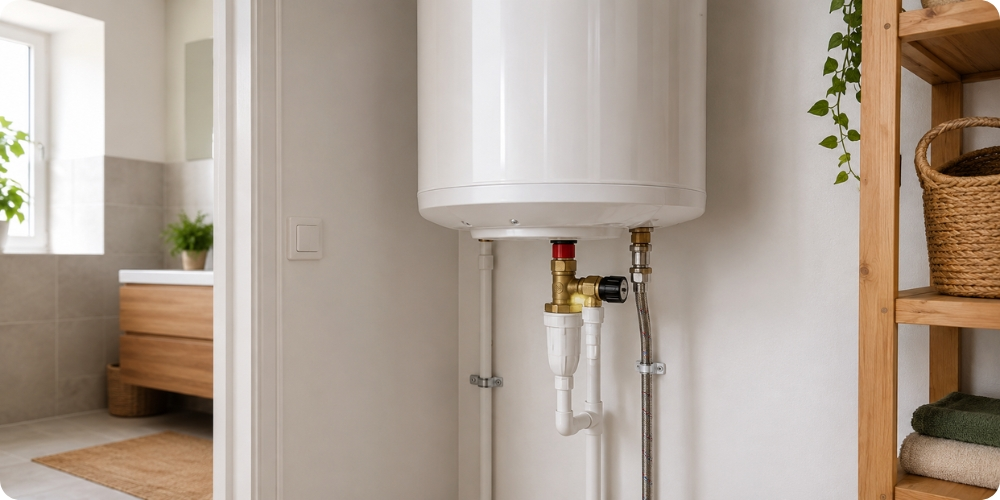 Chauffe-eau électrique avec groupe de sécurité visible en partie basse