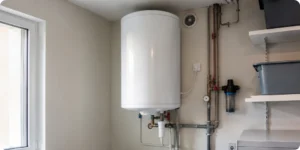 Chauffe-eau électrique cumulus fixé au mur dans un local technique