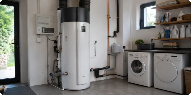 Chauffe-eau thermodynamique 200 litres installé dans une buanderie