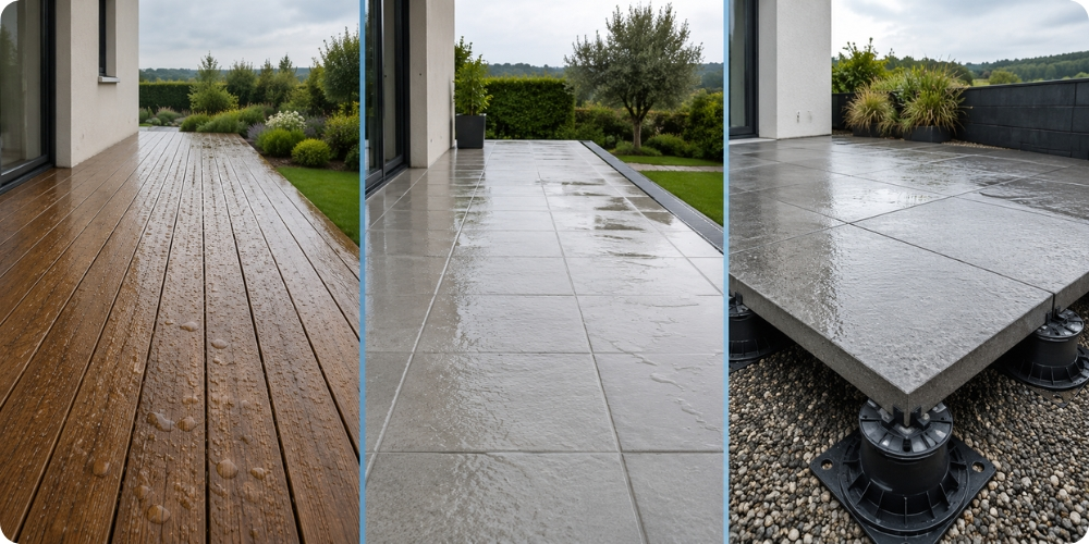 Comparaison de la pente terrasse selon le matériau : bois, carrelage, dalle sur plot