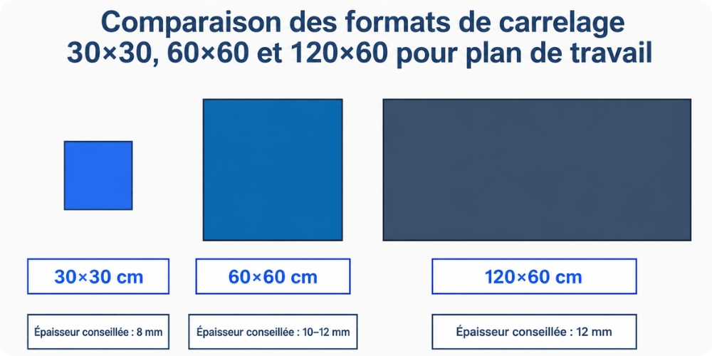 Comparaison des formats de carrelage 30x30, 60x60 et 120x60 pour plan de travail