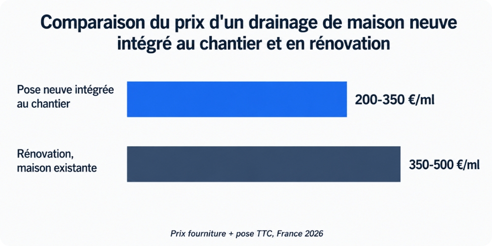 Comparaison du prix d'un drainage de maison neuve intégré au chantier et en rénovation