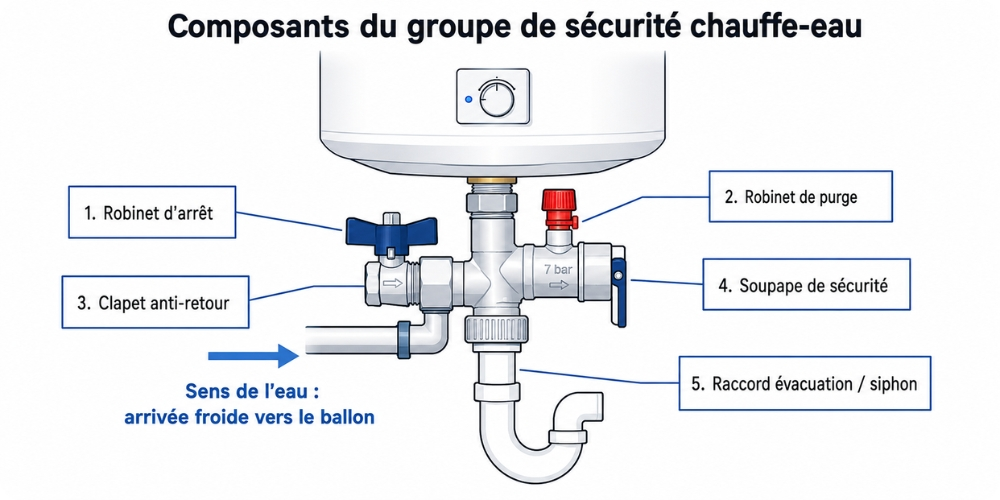 Composants du groupe de sécurité chauffe-eau avec annotations