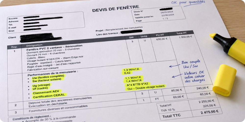 Devis de fenêtre annoté à la main, lignes de coefficients Uw et Sw surlignées