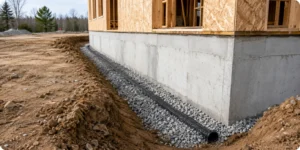 Drainage autour d'une maison neuve en cours de pose le long des fondations