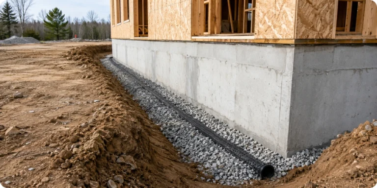 Drainage autour d'une maison neuve en cours de pose le long des fondations