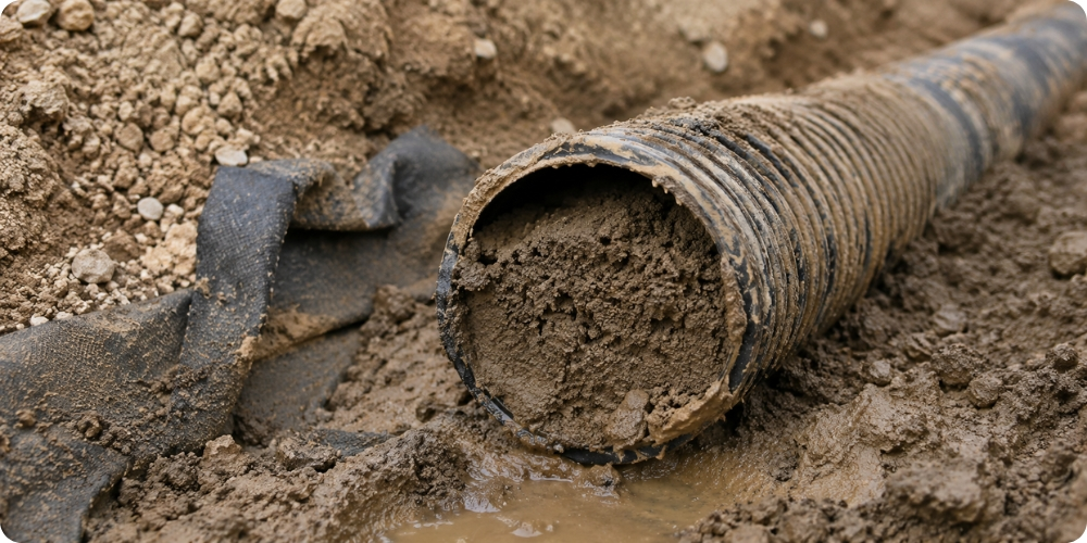 Erreur de pose : drain de maison sans géotextile colmaté par les fines particules