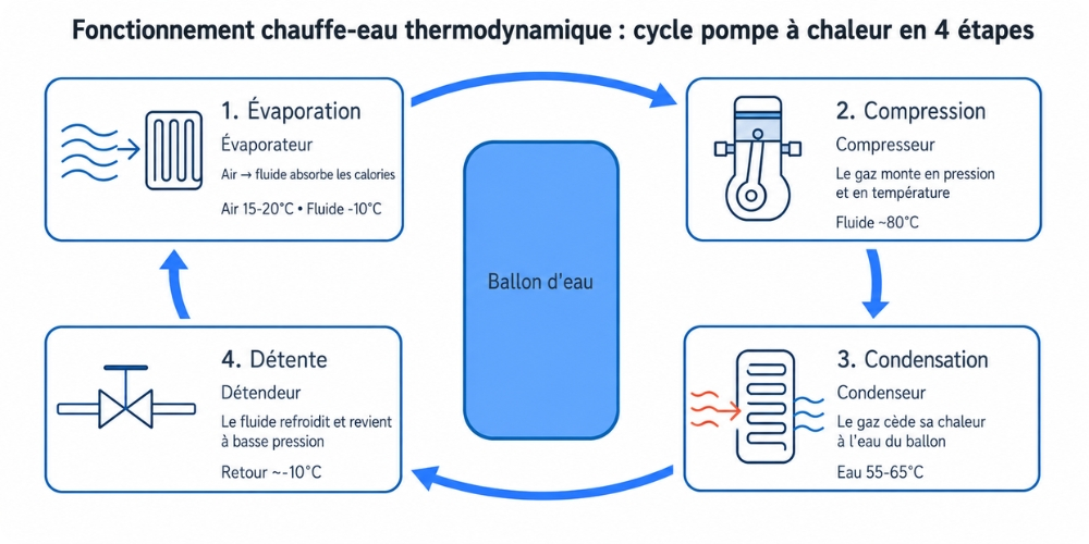 Fonctionnement chauffe-eau thermodynamique cycle pompe à chaleur 4 étapes
