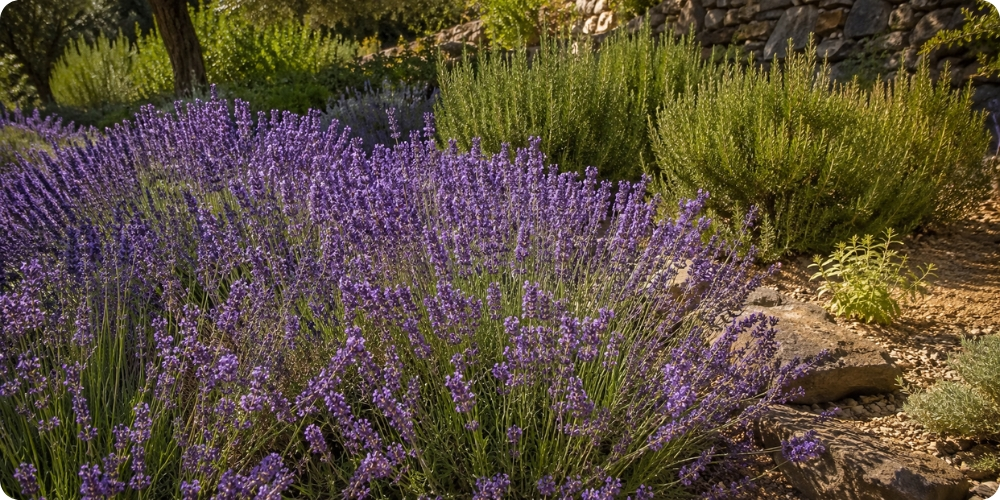 Massif de lavande vraie et romarin en floraison, vivaces méditerranéennes autonomes sans arrosage