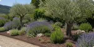 Massif de plantes méditerranéennes sans arrosage : oliviers, lavande et pouzzolane