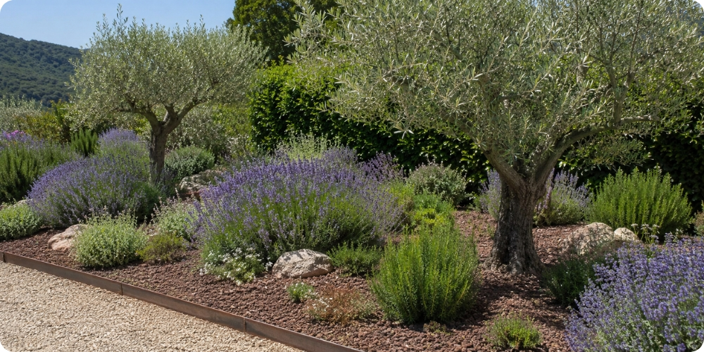 Massif de plantes méditerranéennes sans arrosage : oliviers, lavande et pouzzolane