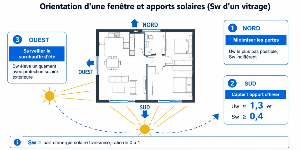 Orientation d'une fenêtre et apports solaires, facteur solaire Sw d'un vitrage