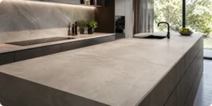Plan de travail carrelage XXL en grès cérame dans une cuisine moderne