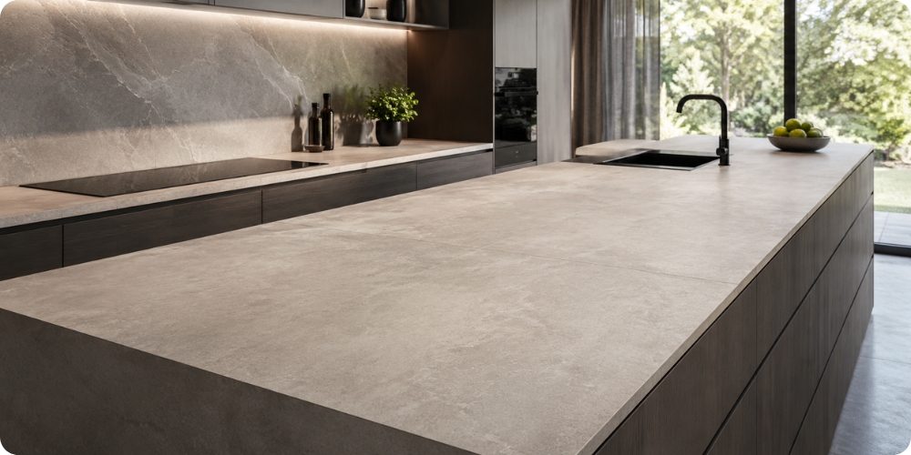 Plan de travail carrelage XXL en grès cérame dans une cuisine moderne