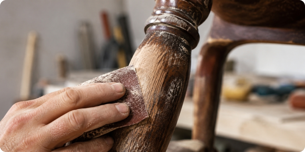 Ponçage d'un pied de chaise en bois avant peinture avec papier de verre
