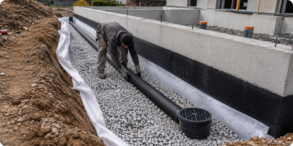 Pose d'un drain périphérique en coordination avec le gros œuvre sur un chantier de maison neuve