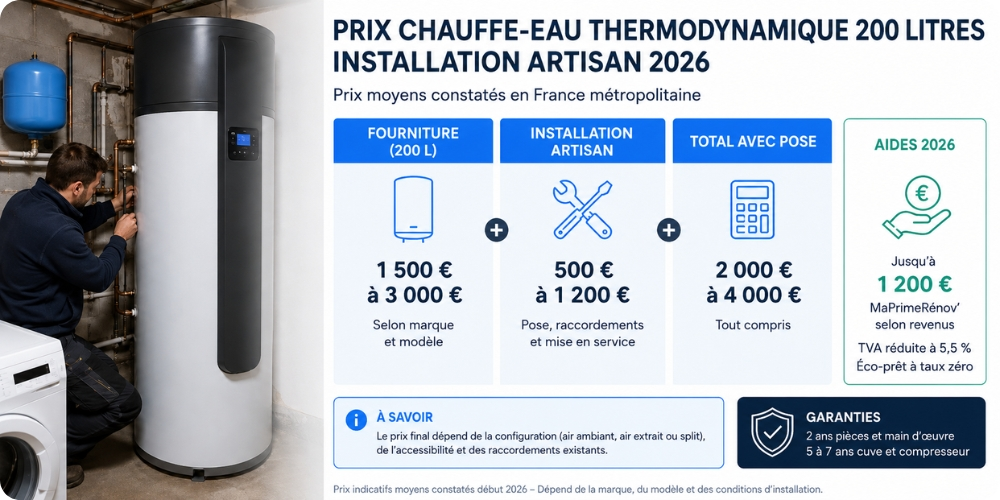 Prix chauffe-eau thermodynamique 200 litres installation artisan 2026