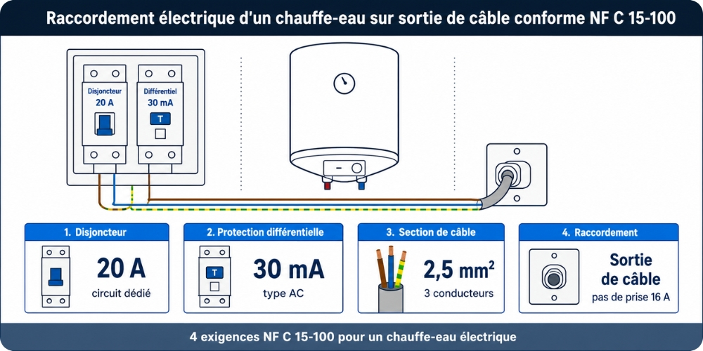 Raccordement électrique d'un chauffe-eau sur sortie de câble conforme NF C 15-100