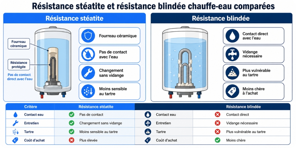 Résistance stéatite et résistance blindée chauffe-eau comparées