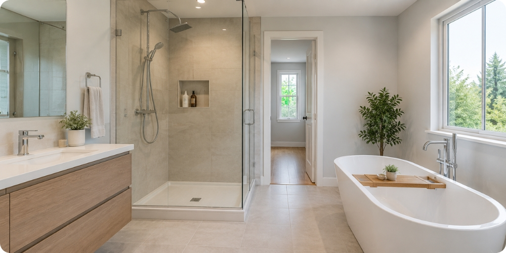 Salle de bain équipée d'une douche et d'une baignoire pour le dimensionnement du chauffe-eau