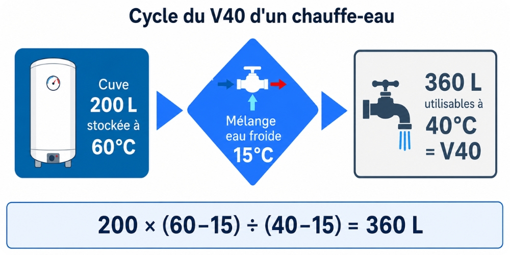 Schéma du cycle V40 d'un chauffe-eau, de la cuve à 60°C au robinet à 40°C