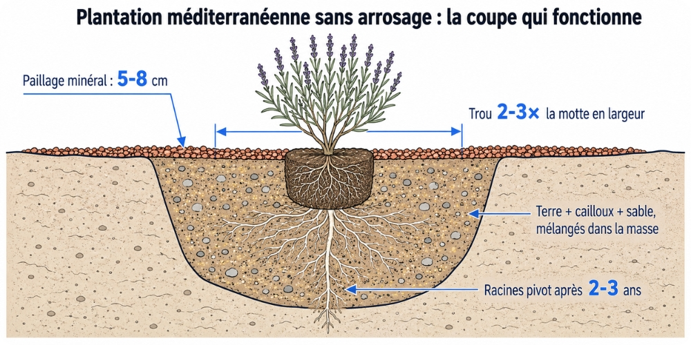 Schéma du sol drainant et paillage minéral pouzzolane pour plantes méditerranéennes sans arrosage