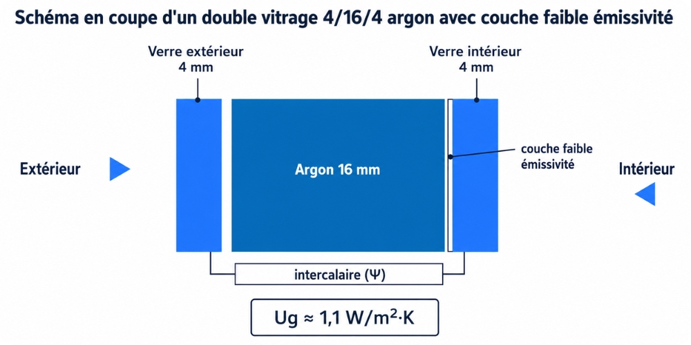 Schéma en coupe d'un double vitrage 4/16/4 argon avec couche faible émissivité