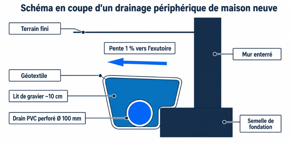 Schéma en coupe d'un drainage périphérique de maison neuve : drain, gravier, géotextile et semelle de fondation