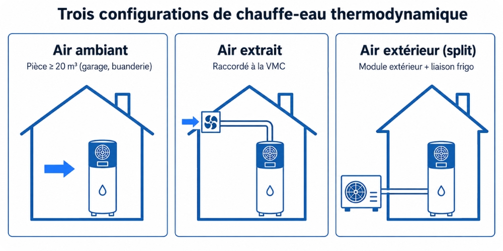 Trois configurations de chauffe-eau thermodynamique air ambiant extrait extérieur