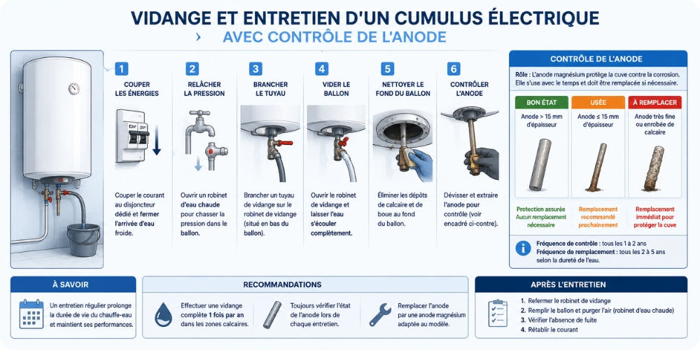 Vidange et entretien d'un cumulus électrique avec contrôle de l'anode