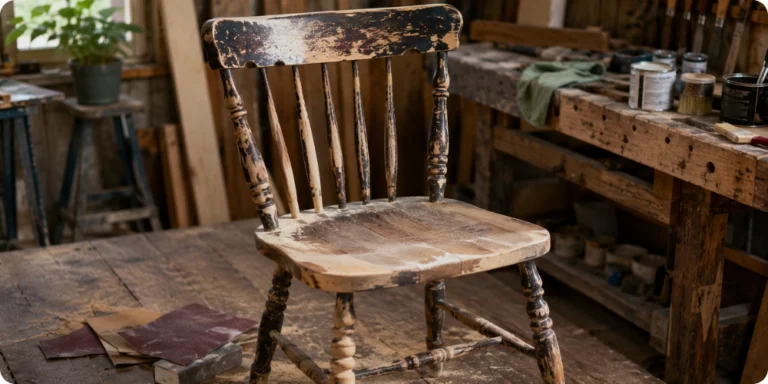 Vieille chaise en bois poncée en cours de relooking dans un atelier