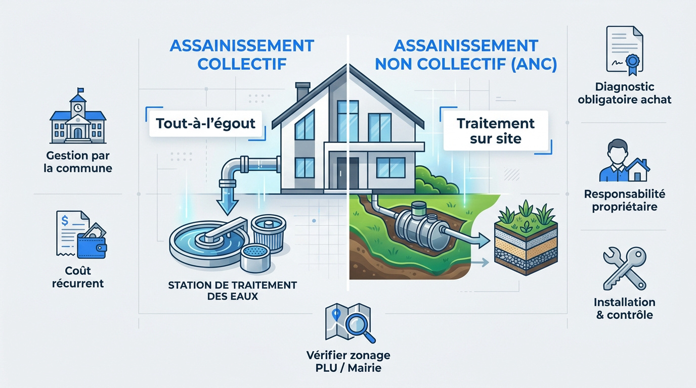 Schéma comparatif entre assainissement collectif et installation individuelle pour maison individuelle