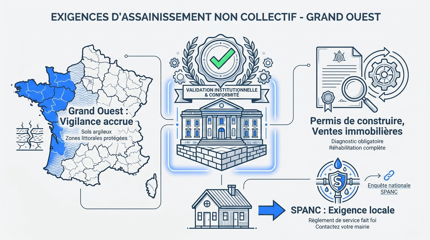 Carte des exigences pour l'assainissement non collectif dans le Grand Ouest