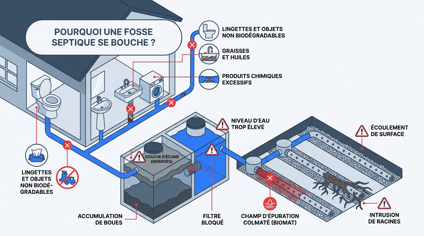 Schéma des causes d'obstruction d'une fosse septique entre accumulation de boues et objets non biodégradables