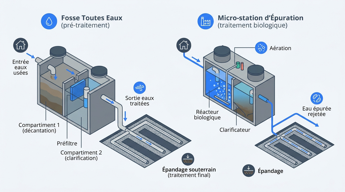 Comparaison technique entre une fosse toutes eaux et une micro-station d'épuration pour assainissement individuel